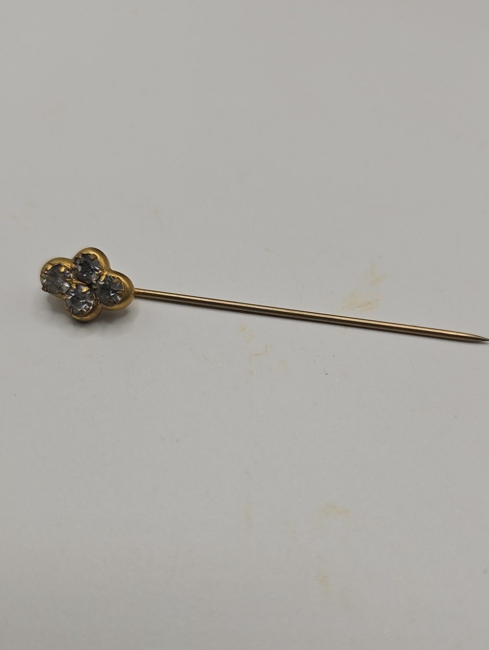 Gold Tone Clover Stick Pin with Clear Sparkly Stone Crystals No Cap